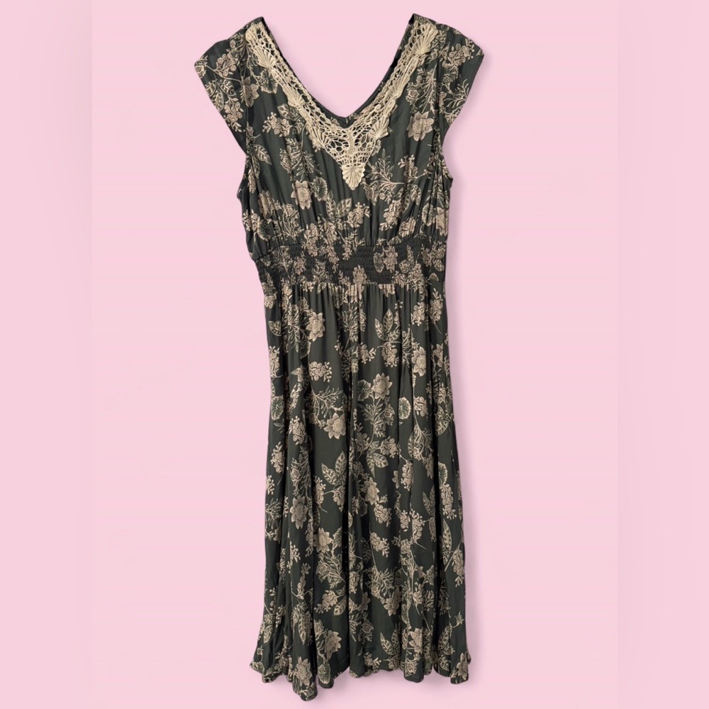 NWT Lola P. Sage Green Floral Lace Smocked Midi Dress Boho Cottagecore Size L